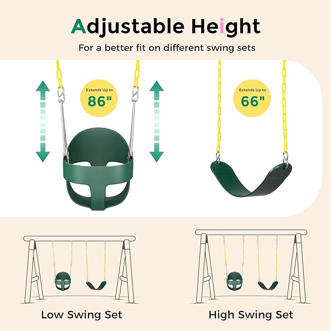 DECORLIFE Toddler Swing Set, High Back Full Bucket Swing with Heavy Duty Swing Seat Combo Pack, 330lb Capacity for Kids Adults, Plastic-Coated Chains and Quick-Snap Carabiners for Backyard, Playground