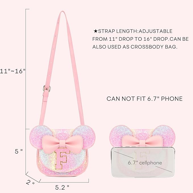 mibasies Toddler Purse Girl Gifts: Girls Birthday Gifts for 3-8 - Toys for Ages 2-4 Girls Mouse Ears Purse, Glitter Rainbow, Letter F