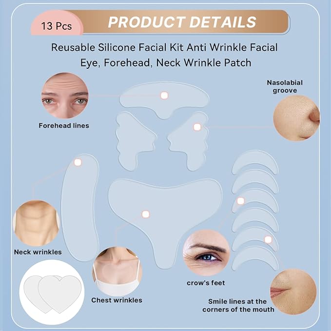 Reusable Silicone Wrinkle Patches - 11-Piece Complete Set for Face, Neck, Chest, Forehead, Under Eye & Nasolabial Folds - Anti-Wrinkle Treatment for Smoothing, Firming & Hydrating Skin
