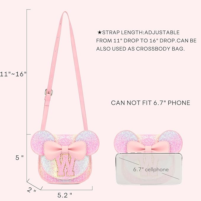 mibasies Toddler Purse Girl Gifts: Girls Birthday Gifts for 3-8 - Toys for Ages 2-4 Girls Mouse Ears Purse, Glitter Rainbow, Letter W