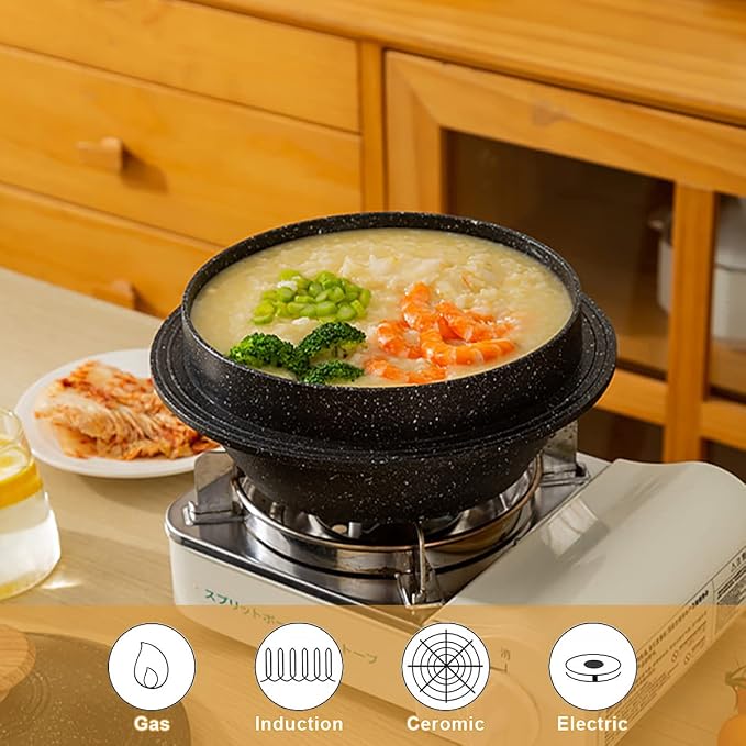 Cast Aluminum Pot with Lid, 7 in Non-Stick Casserole Dish Korean Stone Bowl Induction Compatible, Black