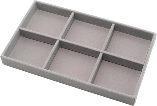 Velvet Jewelry Organizer Trays Gray 6 Grids | Stackable Jewelry Storage Display Tray with Removable Dividers for Drawer Dresser Cloest