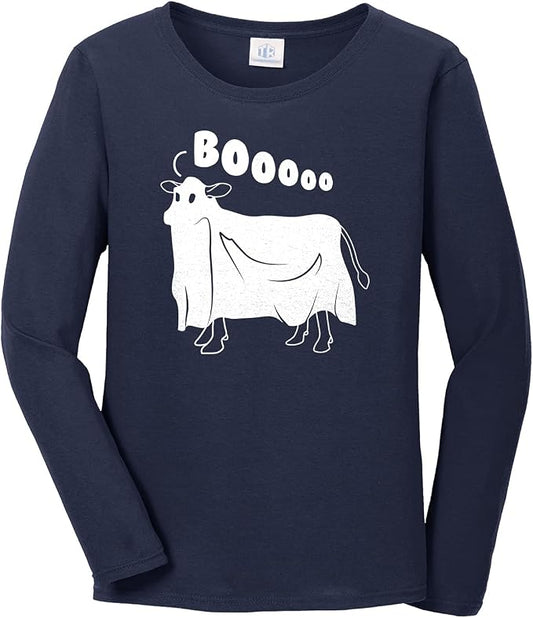Threadrock Women's Cow Ghost Saying Moo Long Sleeve T-Shirt