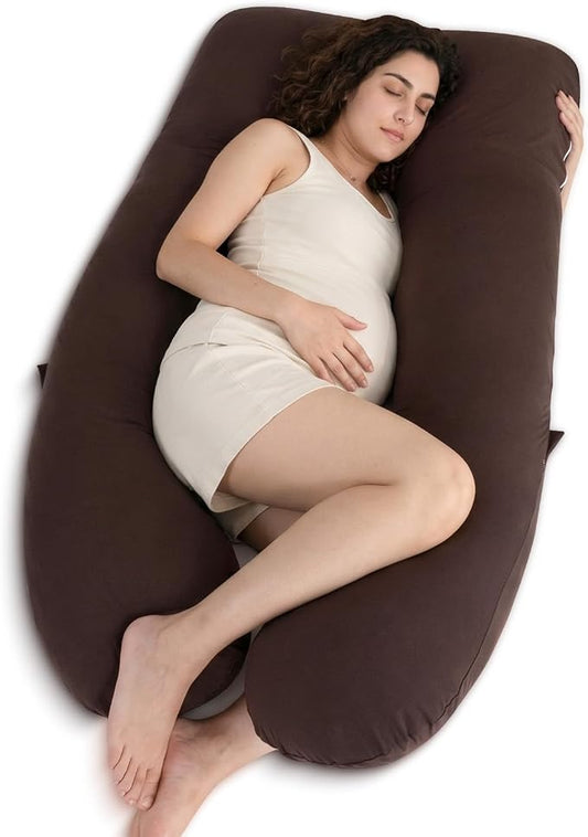 QUEEN ROSE U Shaped Pregnancy Pillow, Breathable Cotton Full Body Support for Maternity, Coffee