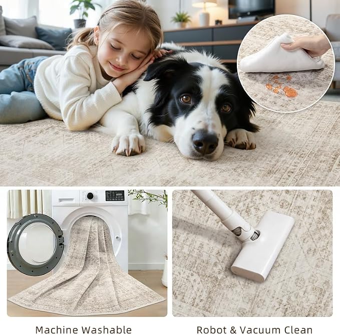 Machine Washable Area Rugs 2x3: Vintage Boho Neutral Washable Rug Indoor Soft Small Entryway Throw Carpet for Living Room Bedroom Kitchen Laundry Floor Non-Slip Low Pile Entrance Rug Brown