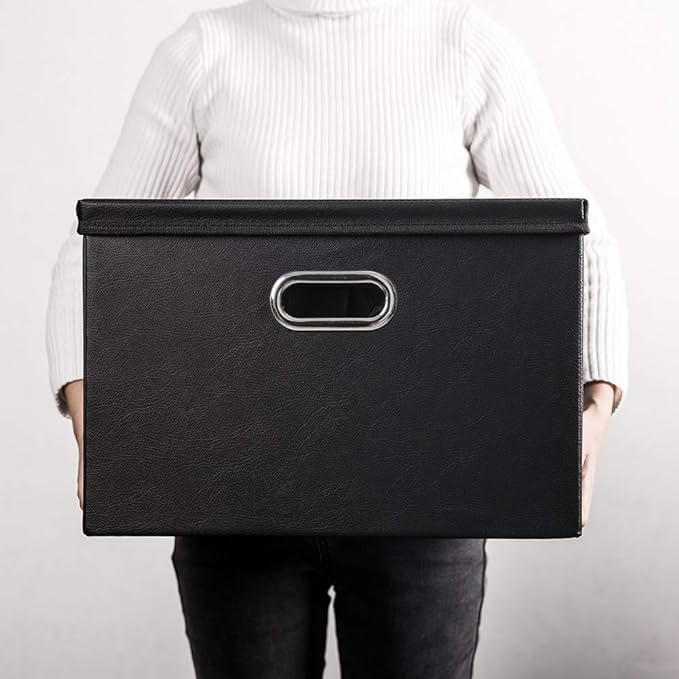 Large Foldable Storage Bins with Lids [3-Pack] Leather Fabric Collapsible Storage Boxes Organizer Containers Baskets Cube with Cover for Home Bedroom Closet Office Black(17.7x11.8x11.8)