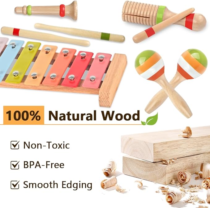 Baby Musical Instruments for Girls-Montessori Wooden Toys for Toddlers 1-3,Percussion Instruments Set with Xylophone Preschool Educational 3+ Christmas Birthday Gift for 1 2 3 Year Girls (pink 6 in 1)