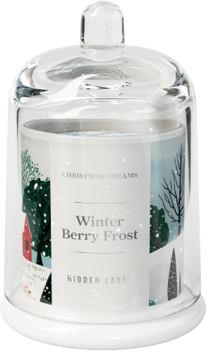 Hidden Label Winter Berry Frost Candle, 10oz Bell Jar, 60H Soy Wax | Non-Toxic Formula | Snow Globe Display Piece | Holiday Gift Ready | Aromatherapy | Clean Burn | Festive Decor