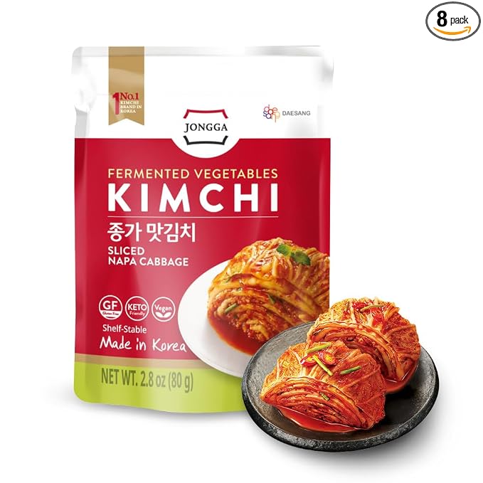 Spicy Premium Fermented Kimchi Napa Cabbage [ FUN SIZE Pouch Pack of 8] - [Original] – (Gluten Free / KETO / Vegan) | 0 Fat/ 0 Sugar/ 0 Cholesterol | Long Shelf Life | Perfect for Ramen & Stir-Fries - JONGGA