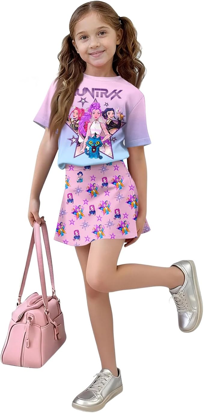 HTHLVMD K Pop Short Sleeve T-Shirt and Skirts Outfits Set for Girls Hunters Rumi Mira Zoey Graphic Tees De-Mon Costume