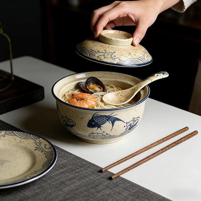 25 Oz Ceramic Ramen Bowl Set with Lid, Spoon & Chopsticks - Japanese Vintage Large Soup Bowl, Asian Tableware for Instant Noodles, Soup & Rice (Fish Pattern)