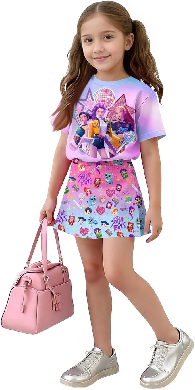 HTHLVMD K Pop Short Sleeve T-Shirt and Skirts Outfits Set for Girls Hunters Rumi Mira Zoey Graphic Tees De-Mon Costume