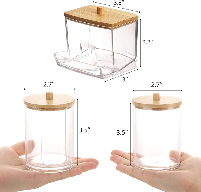 Tbestmax Bathroom Organizer Accessories Set-10 OZ Qtips Holder Storage with Bamboo Lids, Cotton Ball/Swabs Dispenser, Apothecary Container Jar 3 Pcs