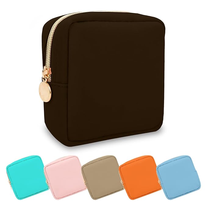 UIXIZQ Mini Makeup Pouch for Purse, Small Cosmetic Bag Pouch Nylon Travel Toiletry Organizers Bag for Women Girls, Cute Zipper Coin Purse Preppy Storage Purse for School Work(Mini-Chocolate)