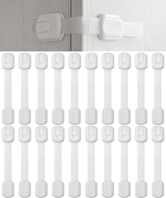Bates- Child Safety Strap Locks, 20 Pack, White, Baby Cabinet Locks with Adjustable Strap Length