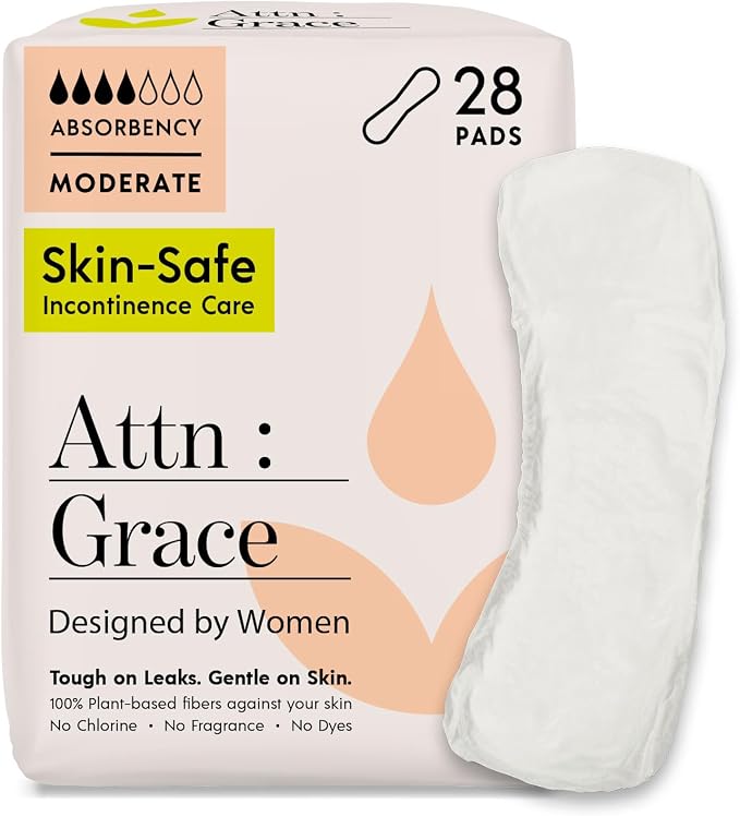 Attn: Grace Moderate Incontinence Pads for Women, 28-Pack - Plant-Based, High Absorbency, Breathable - Incontinence Pads for Moderate Bladder Leaks & Sensitive Skin