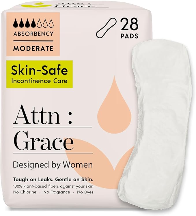Attn: Grace Moderate Incontinence Pads for Women, 2-Pack (56 Pads Total / 28 per Pack) - Plant-Based, High Absorbency, Breathable - Incontinence Pads for Moderate Bladder Leaks & Sensitive Skin