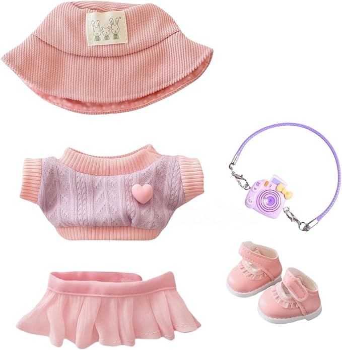 Clothes for Dolls Accessories, Stylish Kawaii Pink Outfit Set 5 Pieces Suitable for 15cm 17cm Doll , Doll Hat Clothing Set Replacement