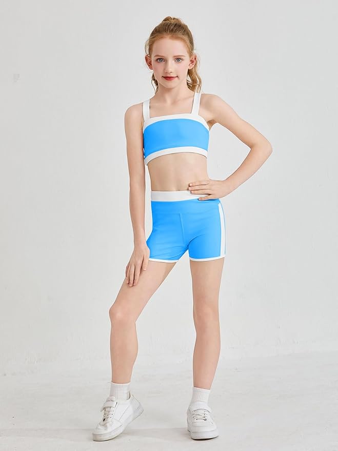 Haloumoning Girls 2 Piece Outfits Athletic Color Block Training Bra and High Waisted Shorts Clothing Sets 5-14Y