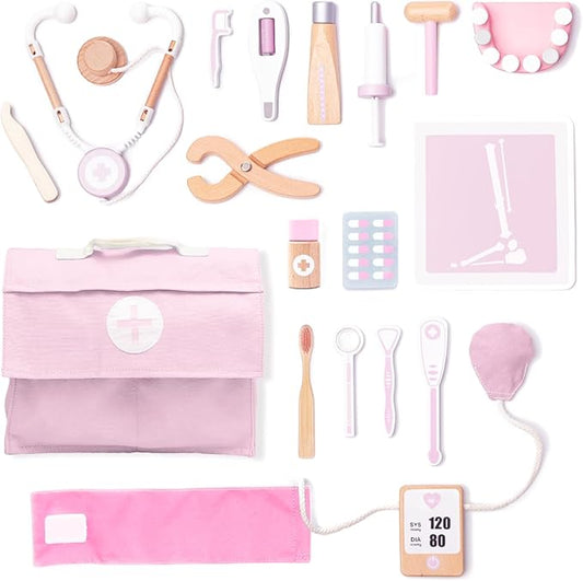UMU® Wooden Doctor Kit for Kids – 18 pcs Doctor and Dentist Play Set for Toddlers with Stethoscope, Syringe, Tooth Model & More – Medical Pretend Play Toy for Girls Ages 3 4 5 6