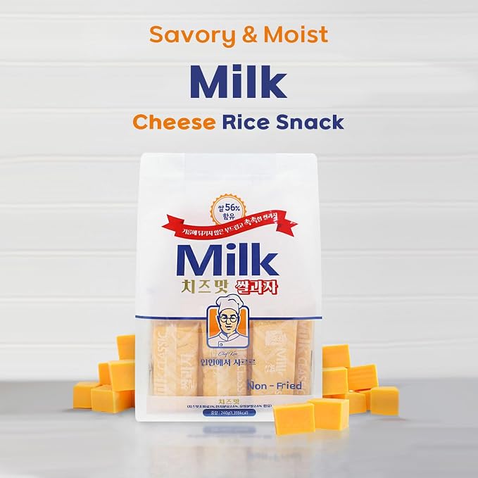 Korean Milk Classic Rice Cracker, Cheese Flavor, 56% Rice – Non-Fried, Zero Trans Fat, Individually Wrapped, Light & Crispy, 240g (8.47oz) – 24 Pack (Cheese)