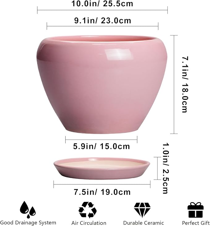 Ceramicfor 10 Inch Plant Pot - Ceramic Planter for Indoor Plants, Glaze Modern Round Planter with Drainage Hole and Saucer, Gifts for Plant Lovers, Office Patio Home Room Decor, Pink
