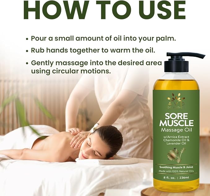 AVD Organics Sore Muscle Massage Oil 236 ml | Massage Therapy | Natural Oil with Lavender and Chamomile Essential Oils | Multipurpose Instant Absorption Full Body Massage Oil | 8 fl. oz