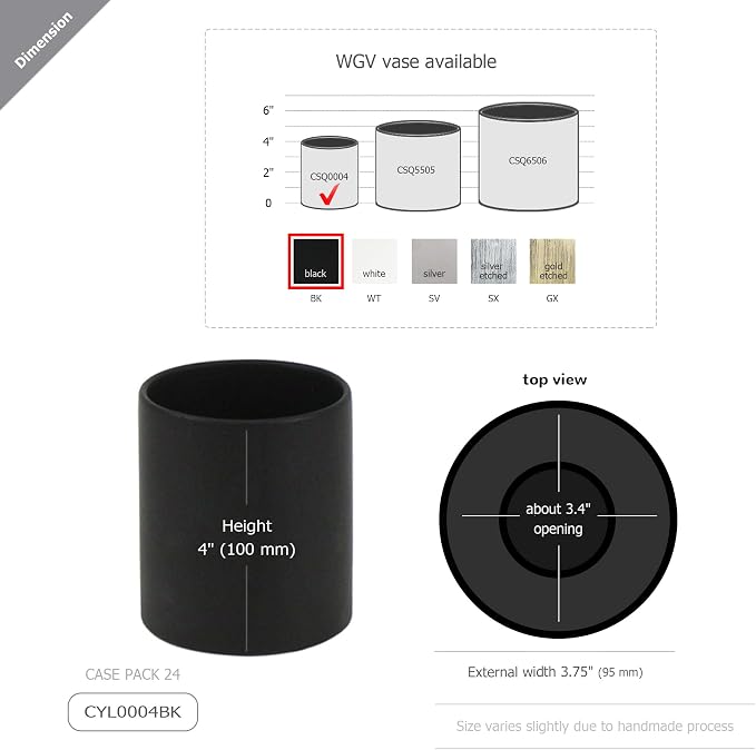 WGVI Matte Black Ceramic Cylinder Vase Width 3.75" Height 4", Flower Arrangements, Candle Holder, Terrarium Planter Pot, Tabletop Storage Container Organizer Pen Brush Holder, Bulk Wholesale, 6 Pcs