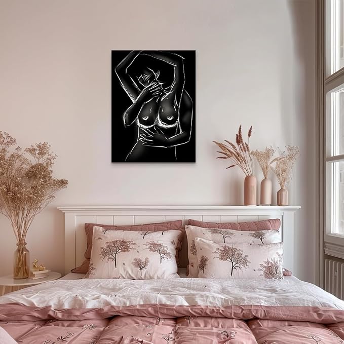 Yeesjoee Wall Art Sexy Couples Modern Picture, Nude Lover Man Kiss Woman Intimate Embrace Canvas Paint, Abstract Black White Prints Artwork Sensual Bedroom Living Room Hotel Bar Decor, 18x24 in Framed