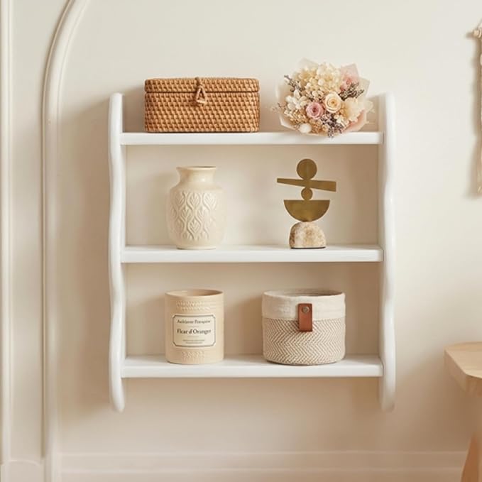 100% Solid Wood Wall Shelf 3-Tier, Vintage Shelves Wall Mounted Storage Rack, Farmhouse Trinket Shelf Home Decor Display Shelves for Apartment, Living Room, Bathroom and Bedroom