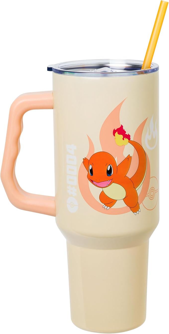 Silver Buffalo Pokémon Stainless Steel Tumbler with Handle Featuring Charmander, Fits in Standard Cup Holder, 40 Ounces