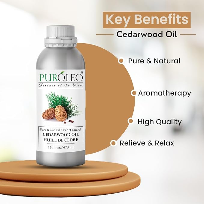 PUROLEO Cedarwood Essential Oil 16 Fl Oz/473 ML (Packed in Canada) 100% Pure & Natural Cedarwood Oil for Aromatherapy, Relaxation, and Skin Care - Therapeutic Grade Cedarwood Oil for Diffuser