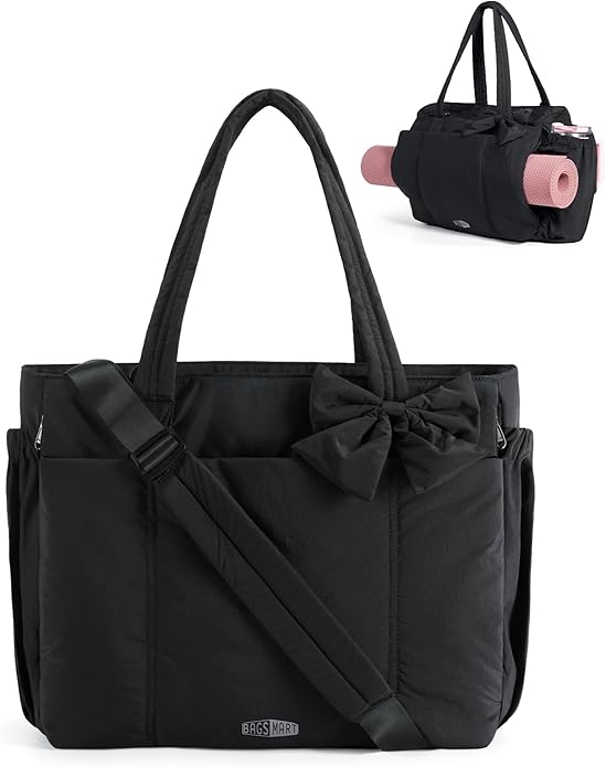 BAGSMART Crush Bow Tote Bag for Women, Puffer Travel Work Yoga Laptop Bag | Large Bow Tote Fits 40oz Tumbler, 15.6" Laptop, Yoga Mat Sleeve, Waterproof Pocket, Travel Work Swim Gym Mom Shoulder Handbag