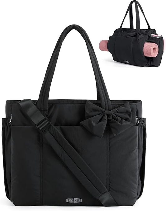BAGSMART Crush Bow Tote Bag for Women, Puffer Travel Work Yoga Laptop Bag | Large Bow Tote Fits 40oz Tumbler, 15.6" Laptop, Yoga Mat Sleeve, Waterproof Pocket, Travel Work Swim Gym Mom Shoulder Handbag