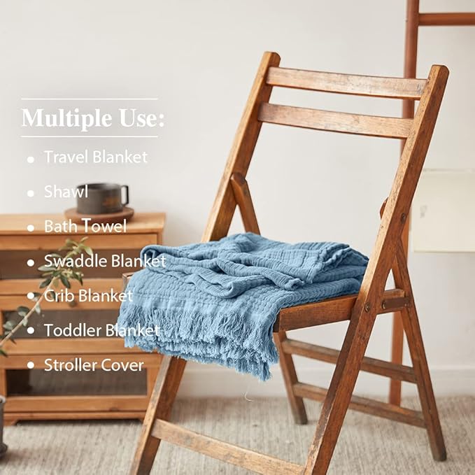 Simple&Opulence Cotton Muslin Throw Blanket for Bed, Couch, Knit Woven Gauze Blanket with Tassels, Soft Lightweight Cozy Pre-Washed Breathable Farmhouse Decoration for All-Season (Dusty Blue)