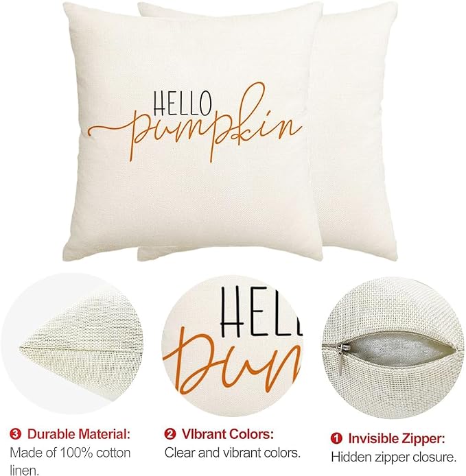 RABUSOFA Fall Pillow Covers 24x24 Inch Fall Decor for Home | Hello Pumpkin Lettering,Indoor Outdoor Use,Harvest Autumn Thanksgiving Decorations for Couch Sofa