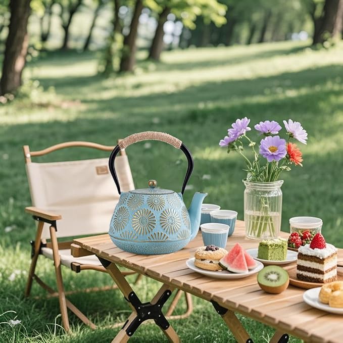 Japanese Tetsubin Cast Iron Teapot, 40oz (1200ml) Enamel-Coated Stovetop Kettle with Stainless Steel Infuser & Heat-Resistant Handle, Traditional Iron Pot for Tea Ceremony (blue and gold)