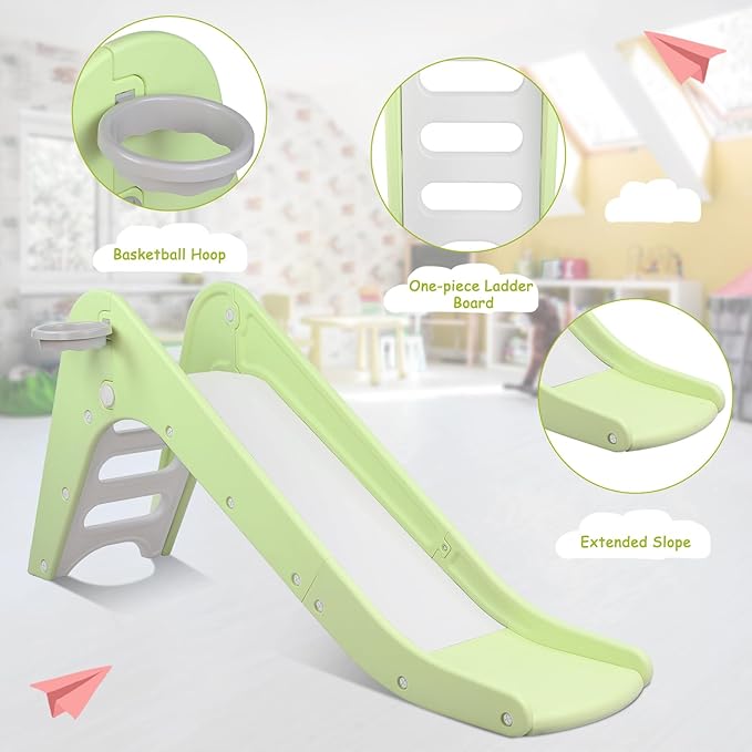 Arlopu Freestanding Kids Slide, Toddler Slide Climber with Basketball Hoop & Ball, Baby Playset w/Long Slope, for Boys and Girls Birthday, Sturdy Playground Toy for Indoor Outdoor Age 3+ (Light Green)