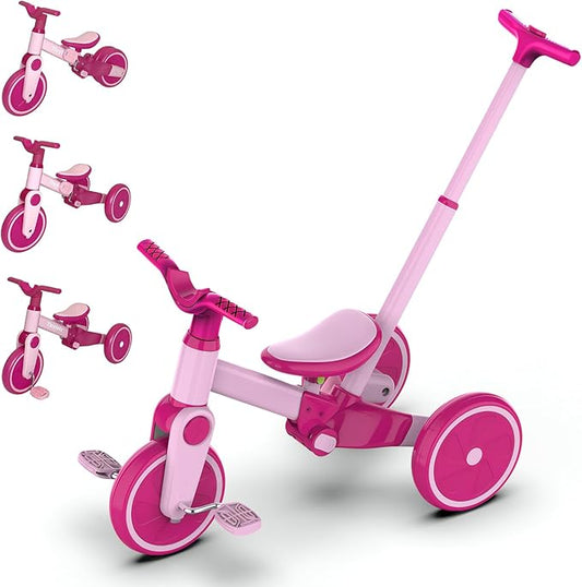 Tricycle for Toddlers 1-3 Year Olds, 5 in 1 Toddler Balance Bike with Removable Pedal, Foldable Toddler Tricycle with Push Handle(Pink)