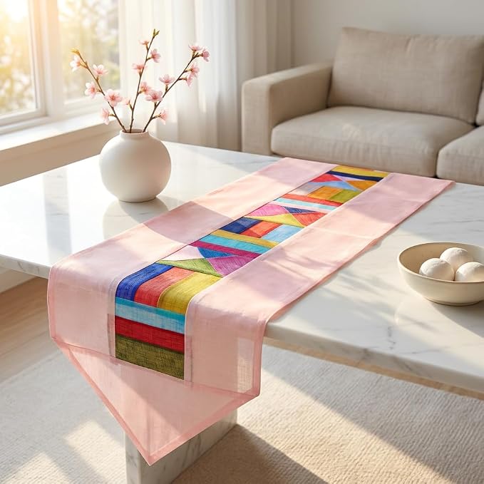 Korean Bojagi Ramie Table Runner 79", Patchwork Dining Decor, Pastel Pink | Bring the timeless beauty of Korean Bojagi patchwork into your home.