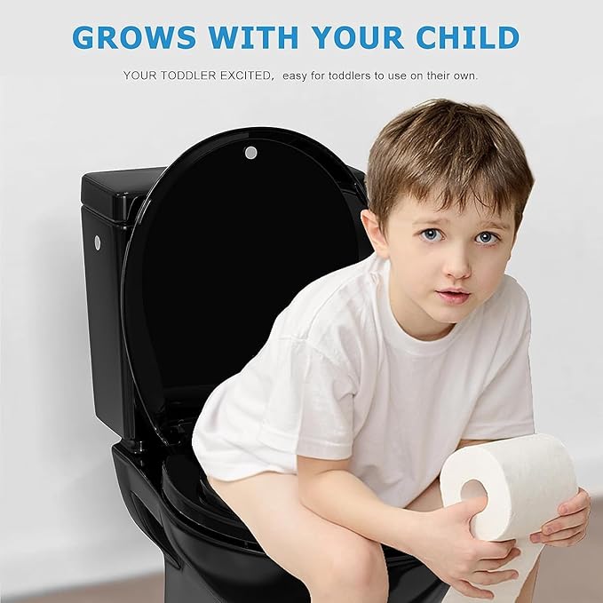 Toilet Seat, Round Toilet Seat Built in Toddler Seat, Potty Training Toilet Seat Round Fits Both Adult and Child, Slow Close and Magnets (Black)