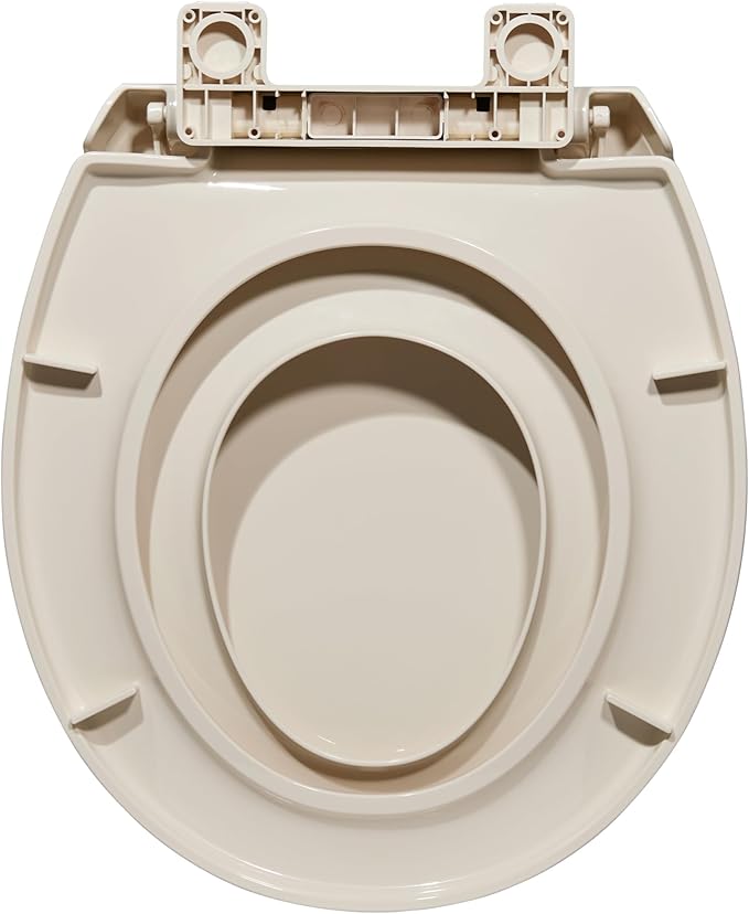 17" Round Toilet Seat for Adult and Child, Built-In Potty Training Seat with Soft Quiet Close Non-Slip Design, Magnetic Kids Seat and Cover for Round Toilets in Almond Color, Easy to Install and Clean