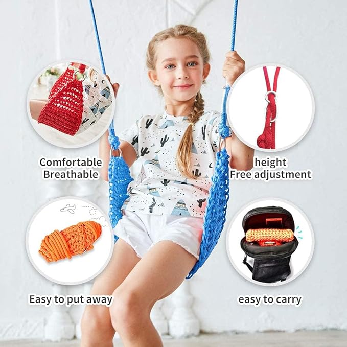 Hand-Knitting Kids Swing, Indoor Outdoor Portable Tree Swing Seat,Adjustable Ropes, with Hanging Strap and Snap Hook for Camping Hiking Backyard Playset and Playroom, Easy Install(Blue)