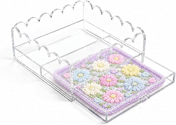Scalloped Acrylic Tray, 7" x 7" Clear Acrylic Tray with Drawer for Needlepoint,Jewelry,Insert Photos, Art, Fabric, Napkin and Messages Display Basket, Decorative Tray Gift for Home Decor