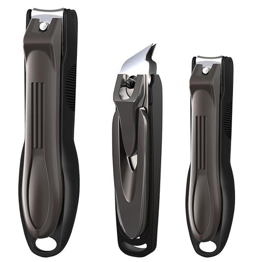 GLAMFIELDS Nail Clipper with Catcher, 3 Pack No Splash Fingernail Toenail Clipper,Slanted Edge Nail Clippers Stainless Steel Nail Cutter Nail Trimmer, Good Gift for Men and Women