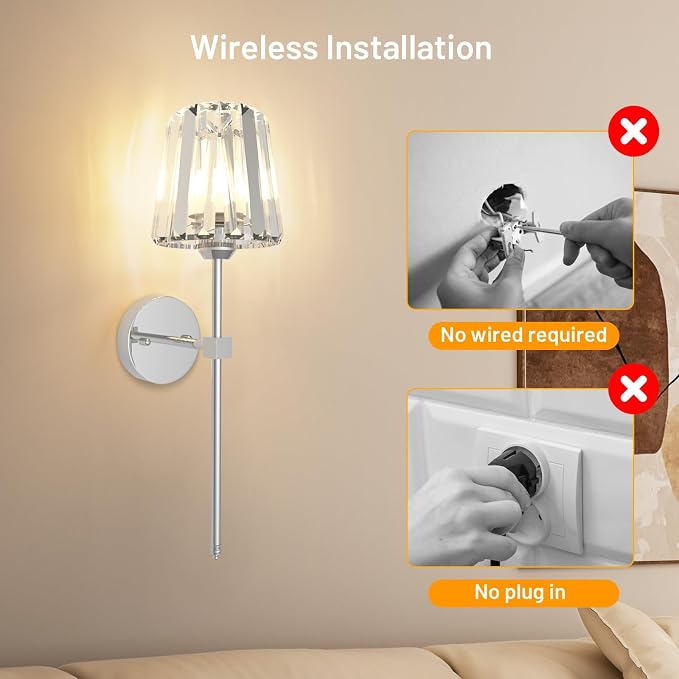 Crystal Battery Operated Wall Sconces Set of 2, Chrome Rechargeable Wireless Wall Lights with Crystal Lampshade, 12 RGB and 3CCT Dimmable Wall Lamps with Remote for Bedroom Living Room Hallway
