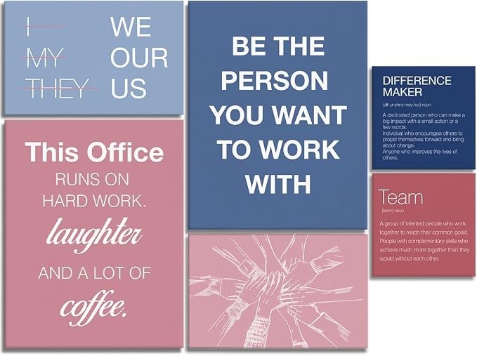 YEOION Motivational Office Wall Art,Inspirational Teamwork Wall Art for Office,Light Pink and Blue Positive Teamwork Wall Decor for Workplace Set of 6