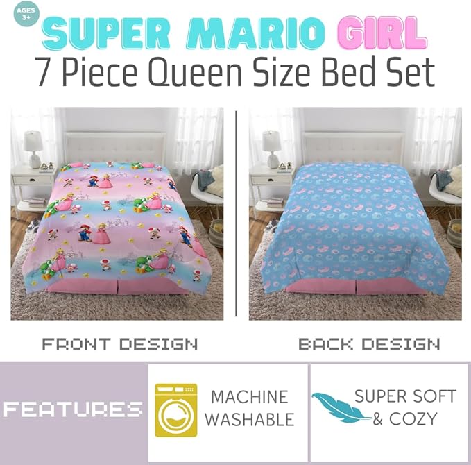 Super Mario Girl Princess Peach Girl Gamer Kids Bedding Super Soft & Cozy Reversible Microfiber Comforter and Sheet Set with Sham, 7 Piece Queen Size, (Officially Licensed Product) by Franco
