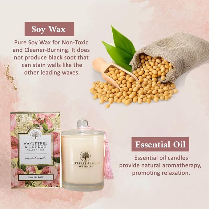 Wavertree & London Organic English Rose Scent Soy Wax Candle | Non Toxic 100% Cotton Wick Triple Scented Pure Natural Soy Wax Candles, Hand Poured in Australia | 60 Hours Burning Time, 11.66 Oz