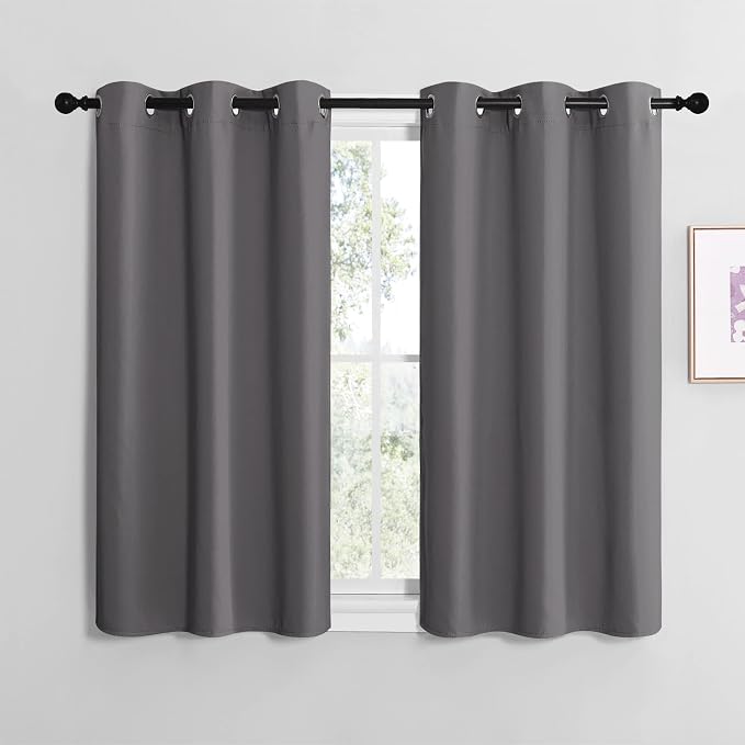 NICETOWN Grey Blackout Curtain Panels for Bedroom, 2 Panels, W34 x L36-inch, Thermal Insulated Grommet Top Blackout Draperies and Drapes for Basement